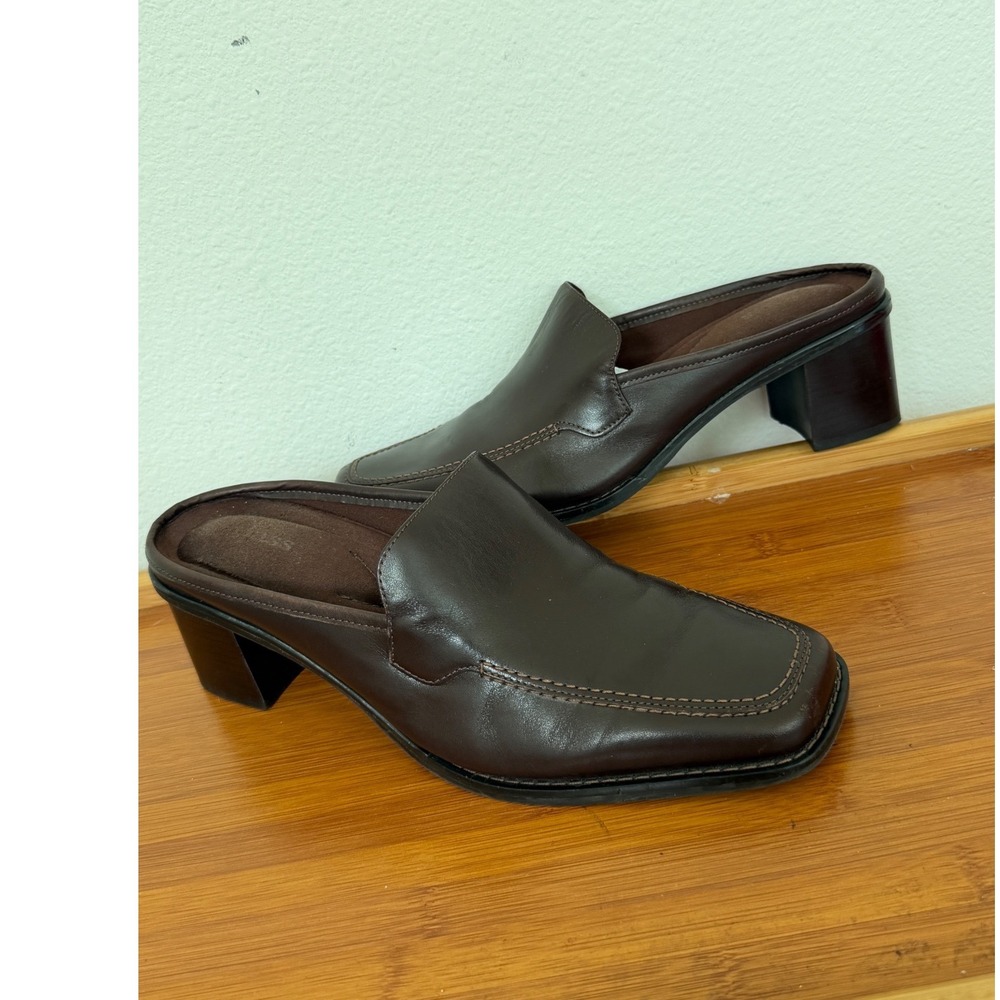 Bass Ceecee Brown Leather Square Toe Block Heel Mules 9.5M 621020A-206 Preppy - Picture 10 of 16